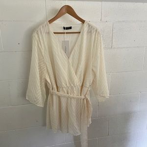 Bloomchic Plain Geometric Mesh Surplice Neck Belted Ruffles Blouse